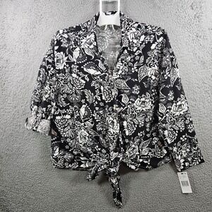 NEW Calessa Shirt Top Women XL Tie Front Floral Print Button Up‎ Black White